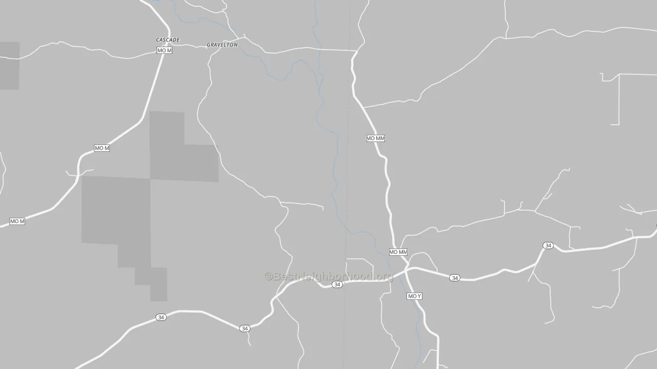 Walk Grade map of Gravelton, MO, walkable areas in green and car-dependent areas in red