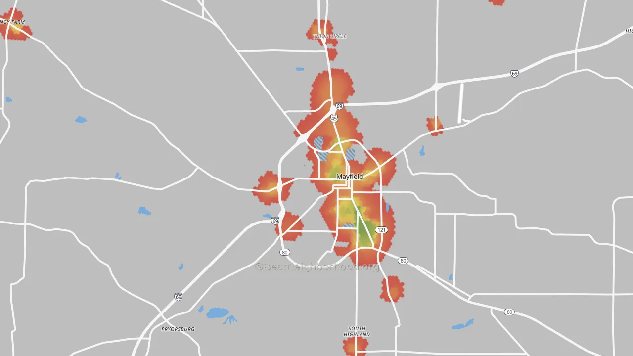 Walk Grade map of Graves County, KY, walkable areas in green and car-dependent areas in red
