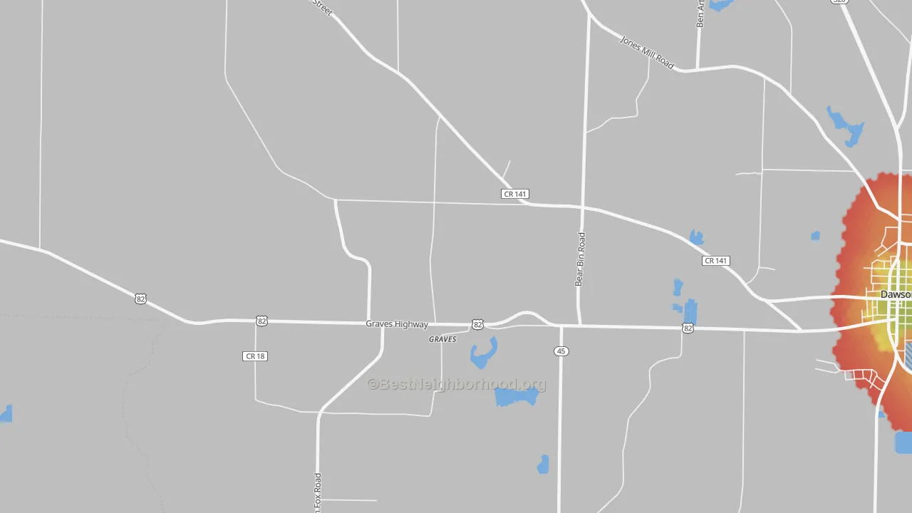 Walk Grade map of Graves, GA, walkable areas in green and car-dependent areas in red