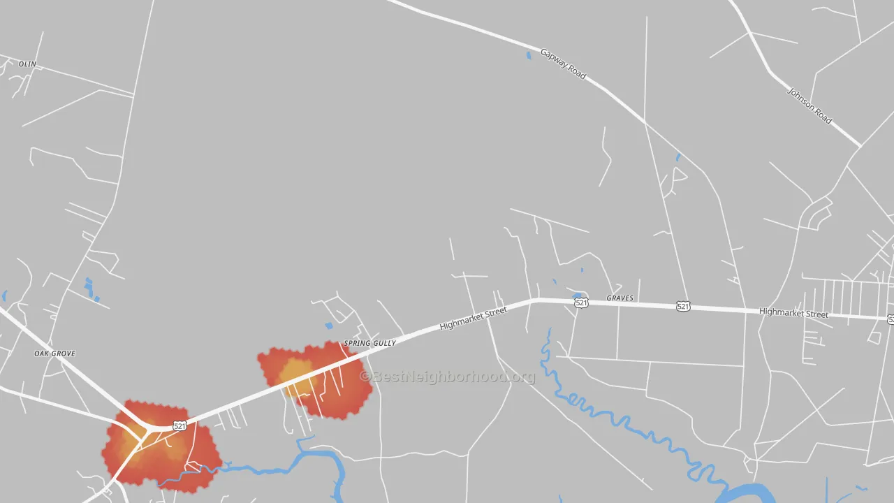 Walk Grade map of Graves, SC, walkable areas in green and car-dependent areas in red