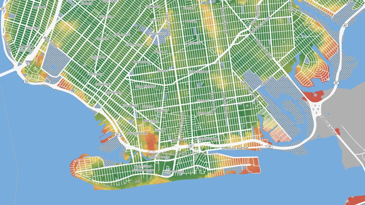 Walk Grade map of Gravesend-Sheepshead Bay, Brooklyn, NY, walkable areas in green and car-dependent areas in red