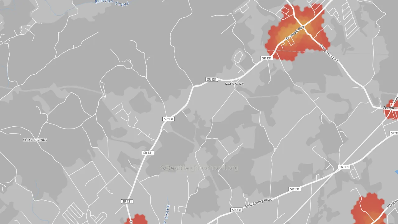 Walk Grade map of Graveston, TN, walkable areas in green and car-dependent areas in red