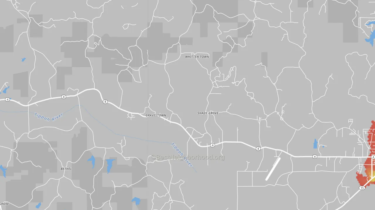 Walk Grade map of Gravestown, MS, walkable areas in green and car-dependent areas in red