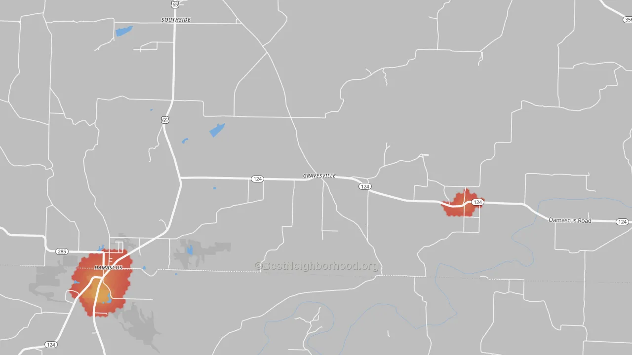 Walk Grade map of Gravesville, AR, walkable areas in green and car-dependent areas in red