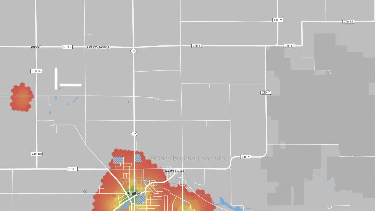 Walk Grade map of Gravesville, WI, walkable areas in green and car-dependent areas in red