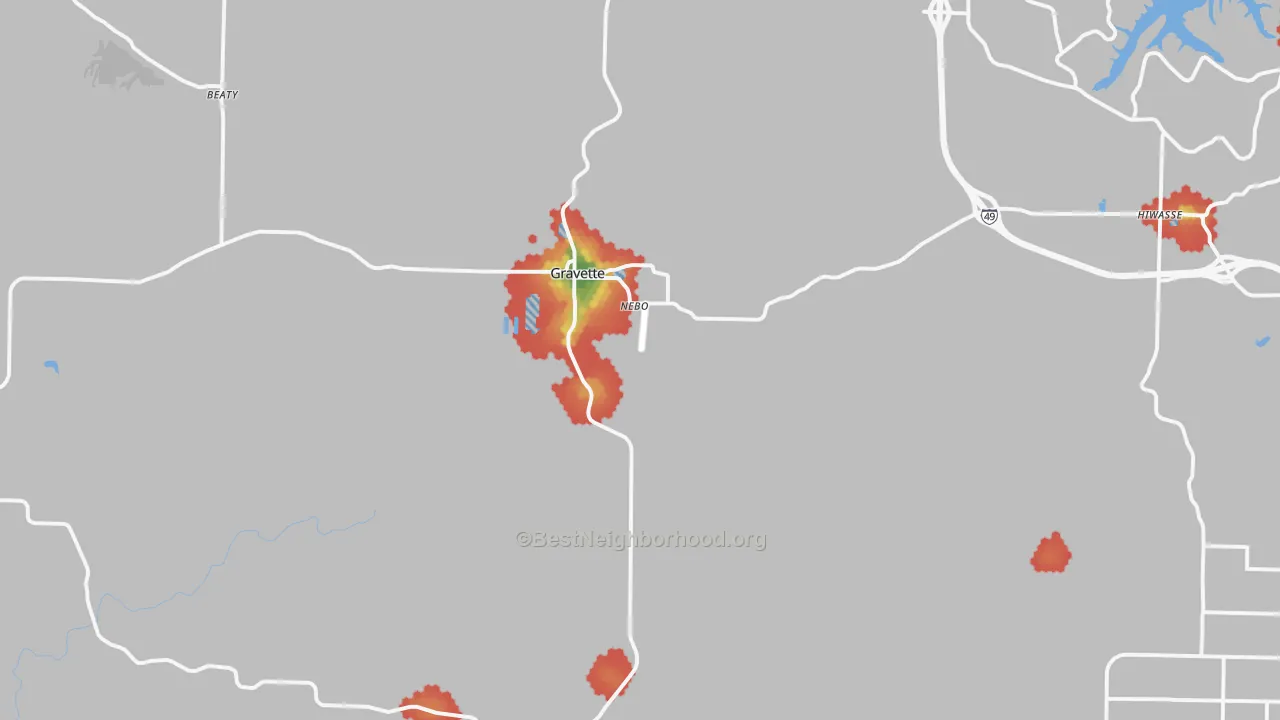 Walk Grade map of Gravette, AR, walkable areas in green and car-dependent areas in red