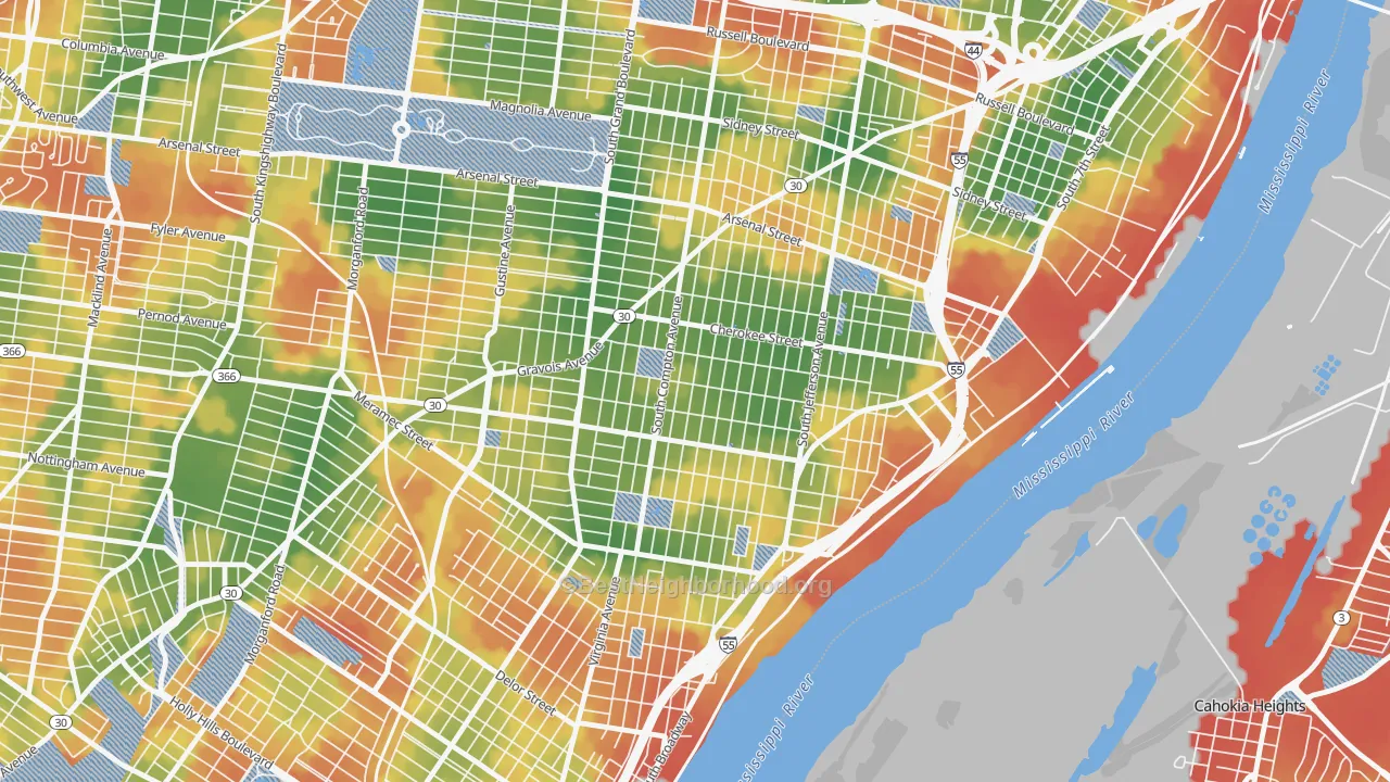 Walk Grade map of Gravois Park, St. Louis, MO, walkable areas in green and car-dependent areas in red