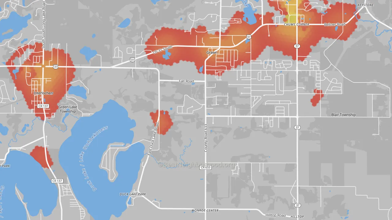Walk Grade map of Grawn, MI, walkable areas in green and car-dependent areas in red