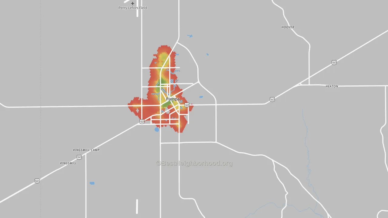 Walk Grade map of Gray County, TX, walkable areas in green and car-dependent areas in red