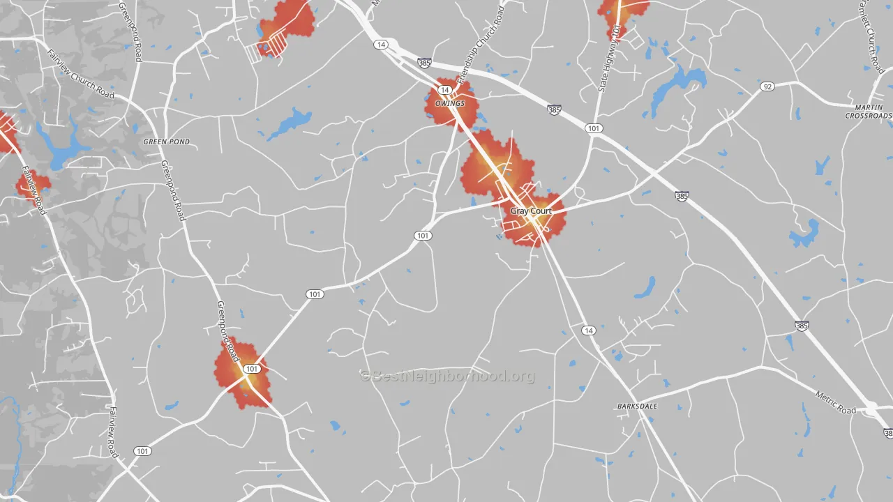 Walk Grade map of Gray Court, SC, walkable areas in green and car-dependent areas in red