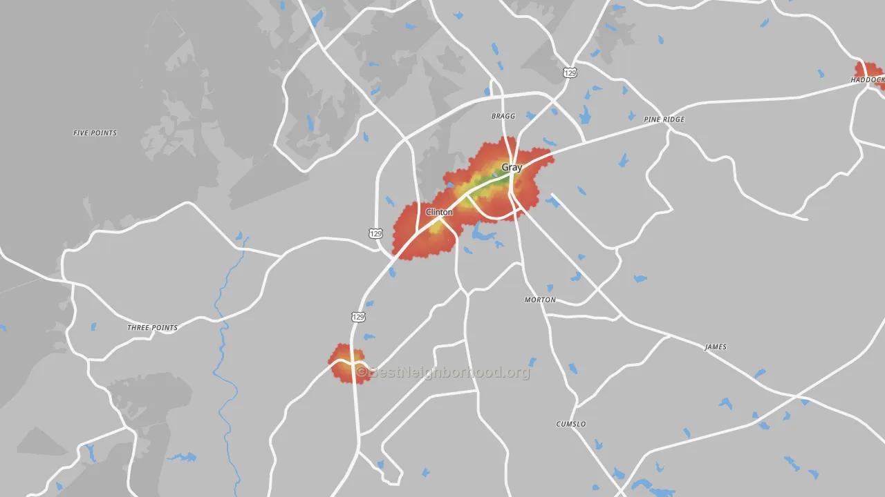 Walk Grade map of Gray, GA, walkable areas in green and car-dependent areas in red