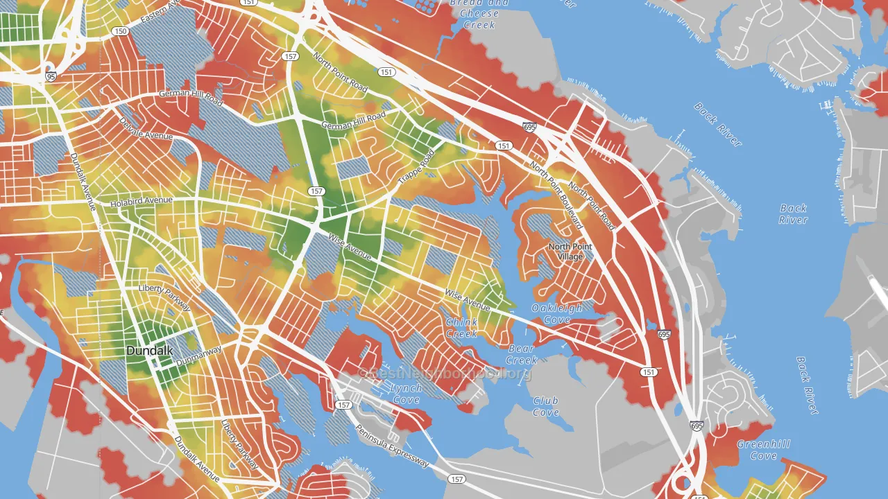 Walk Grade map of Gray Haven, Dundalk, MD, walkable areas in green and car-dependent areas in red