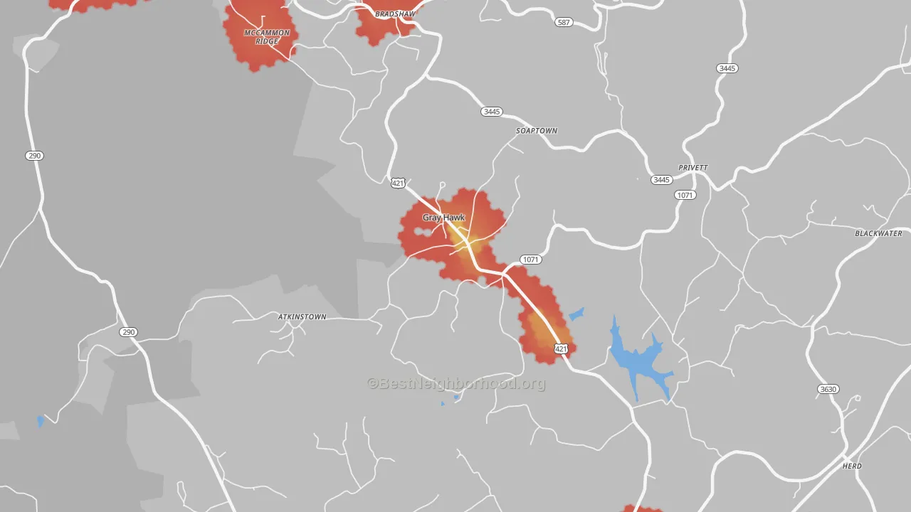 Walk Grade map of Gray Hawk, KY, walkable areas in green and car-dependent areas in red