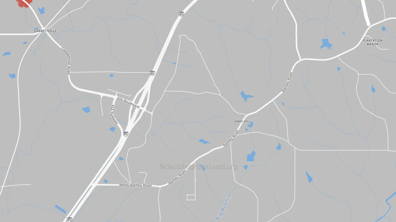 Walk Grade map of Gray Hill, GA, walkable areas in green and car-dependent areas in red
