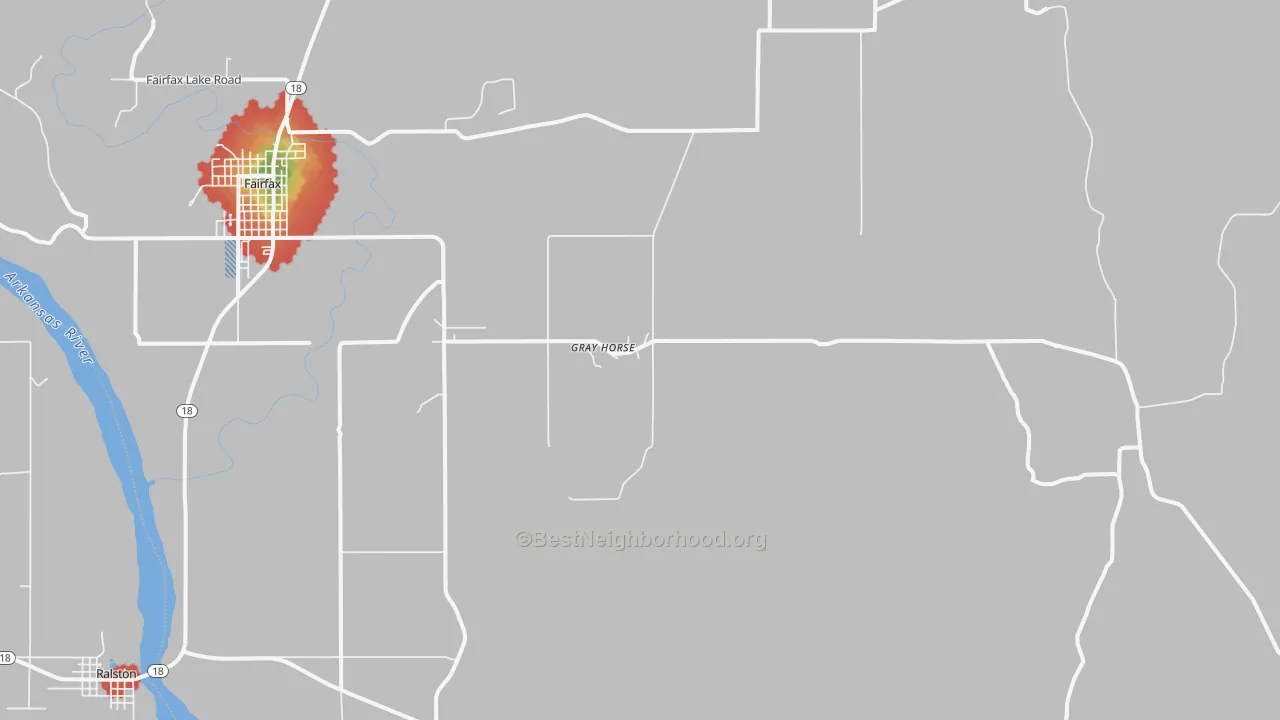 Walk Grade map of Gray Horse, OK, walkable areas in green and car-dependent areas in red