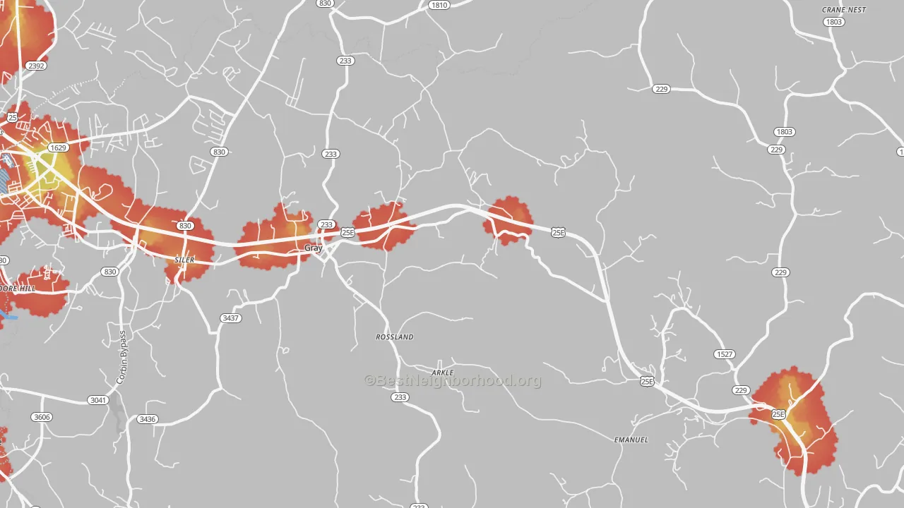 Walk Grade map of Gray, KY, walkable areas in green and car-dependent areas in red