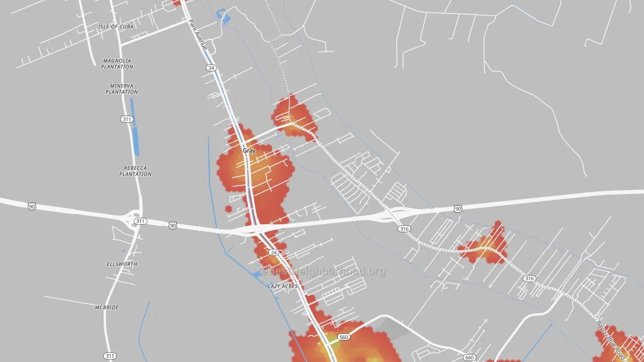 Walk Grade map of Gray, LA, walkable areas in green and car-dependent areas in red