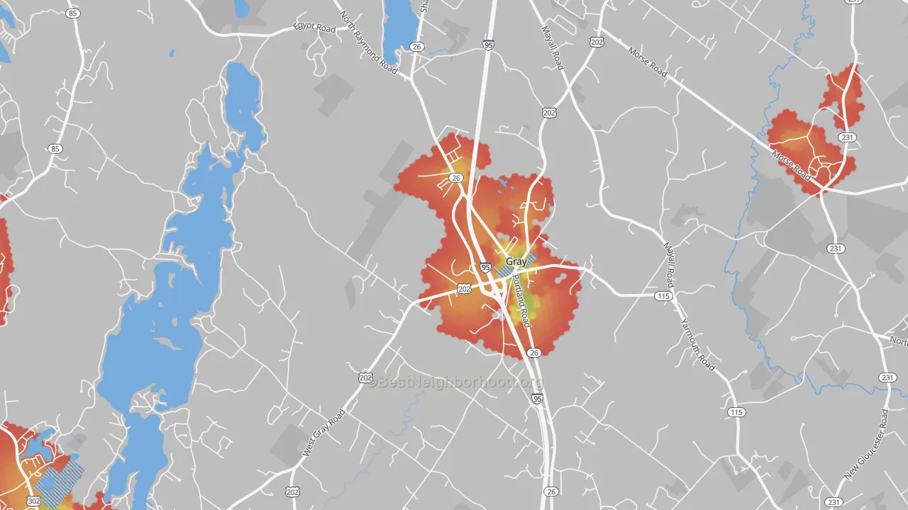 Walk Grade map of Gray, ME, walkable areas in green and car-dependent areas in red