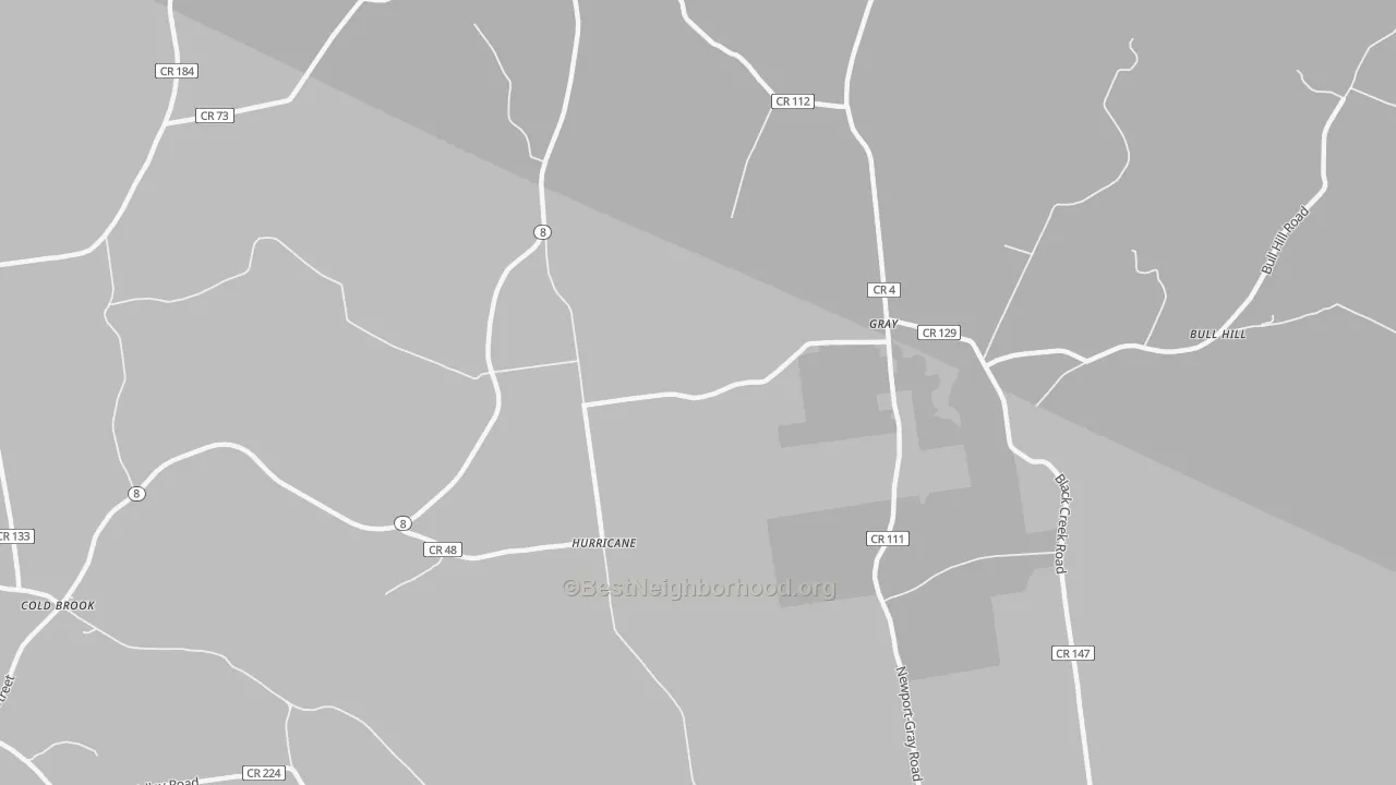 Walk Grade map of Gray, NY, walkable areas in green and car-dependent areas in red