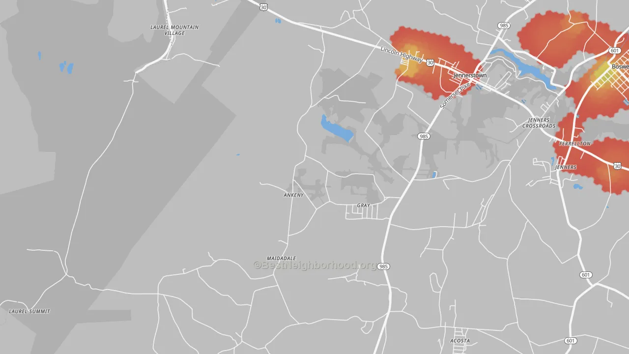 Walk Grade map of Gray, PA, walkable areas in green and car-dependent areas in red