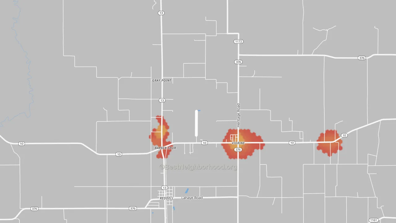 Walk Grade map of Gray Point, LA, walkable areas in green and car-dependent areas in red