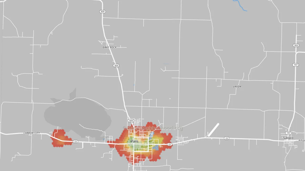 Walk Grade map of Gray Rock, AR, walkable areas in green and car-dependent areas in red