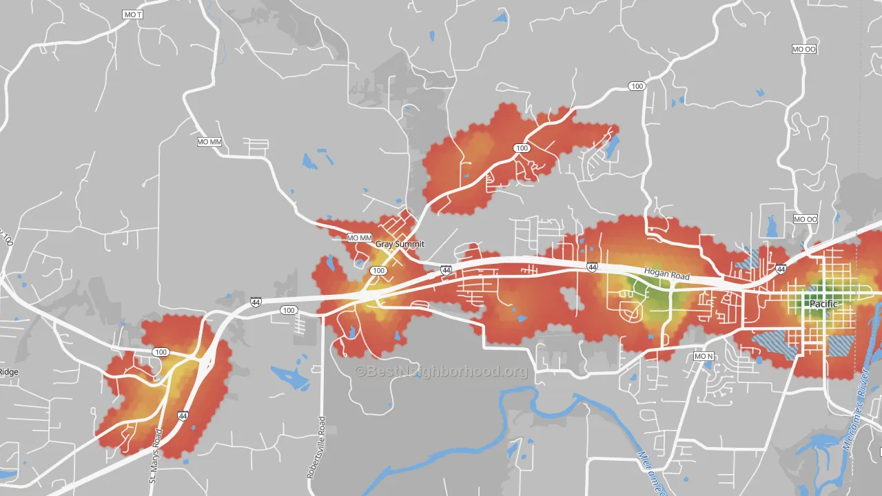 Walk Grade map of Gray Summit, MO, walkable areas in green and car-dependent areas in red