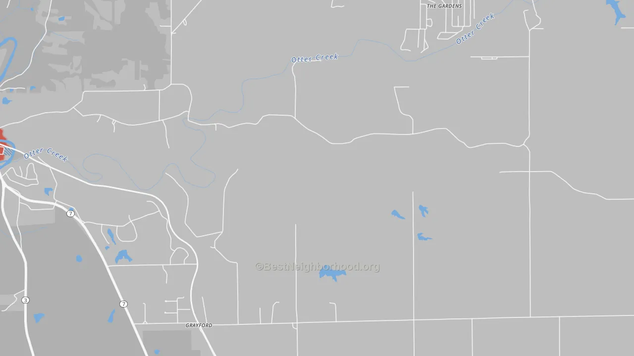 Walk Grade map of Grayford, IN, walkable areas in green and car-dependent areas in red