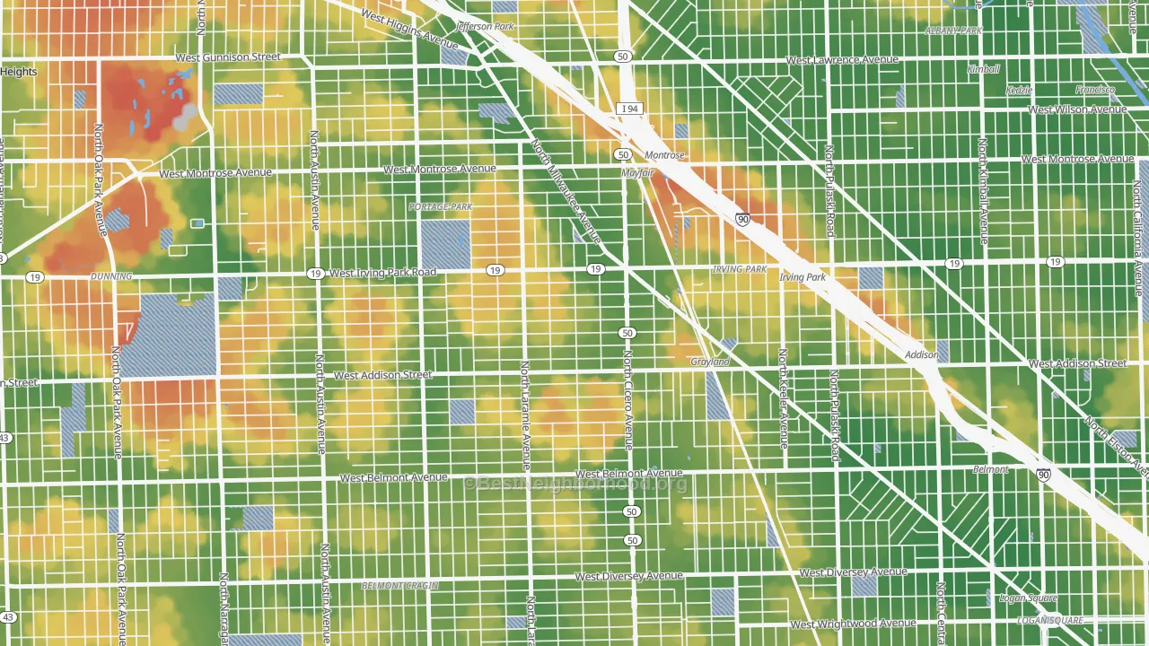 Walk Grade map of Grayland, Chicago, IL, walkable areas in green and car-dependent areas in red
