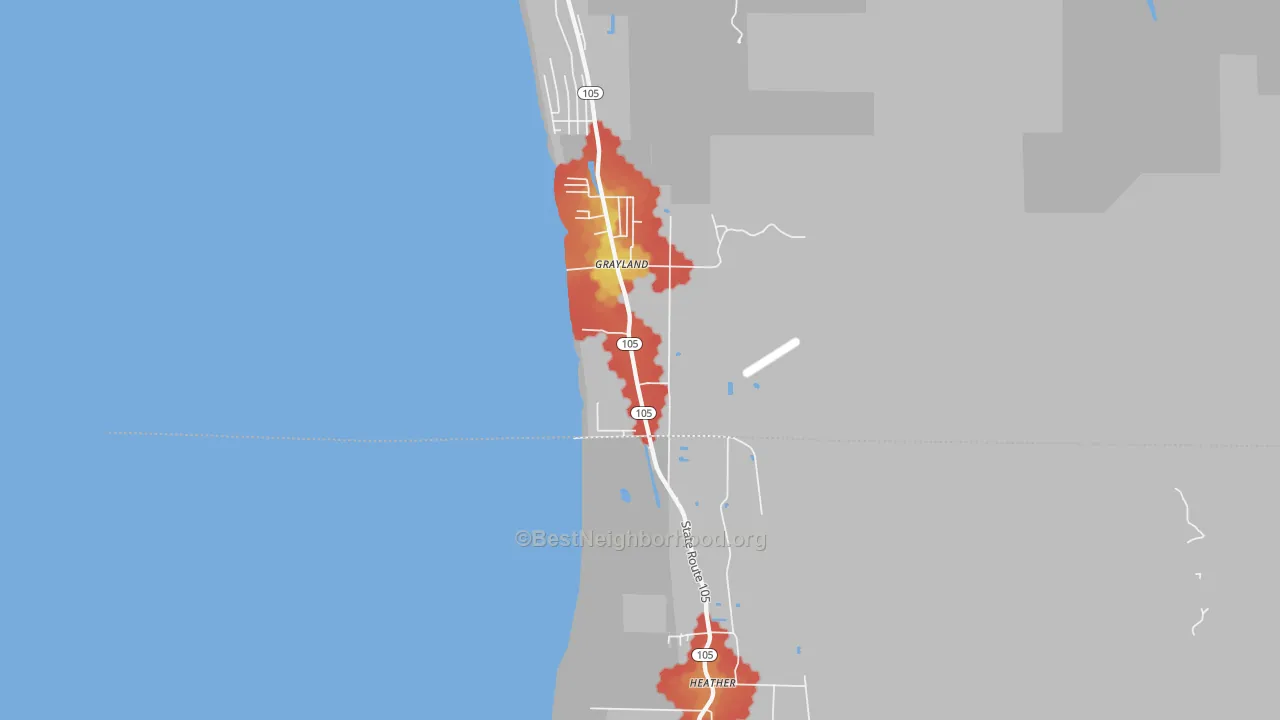 Walk Grade map of Grayland, WA, walkable areas in green and car-dependent areas in red