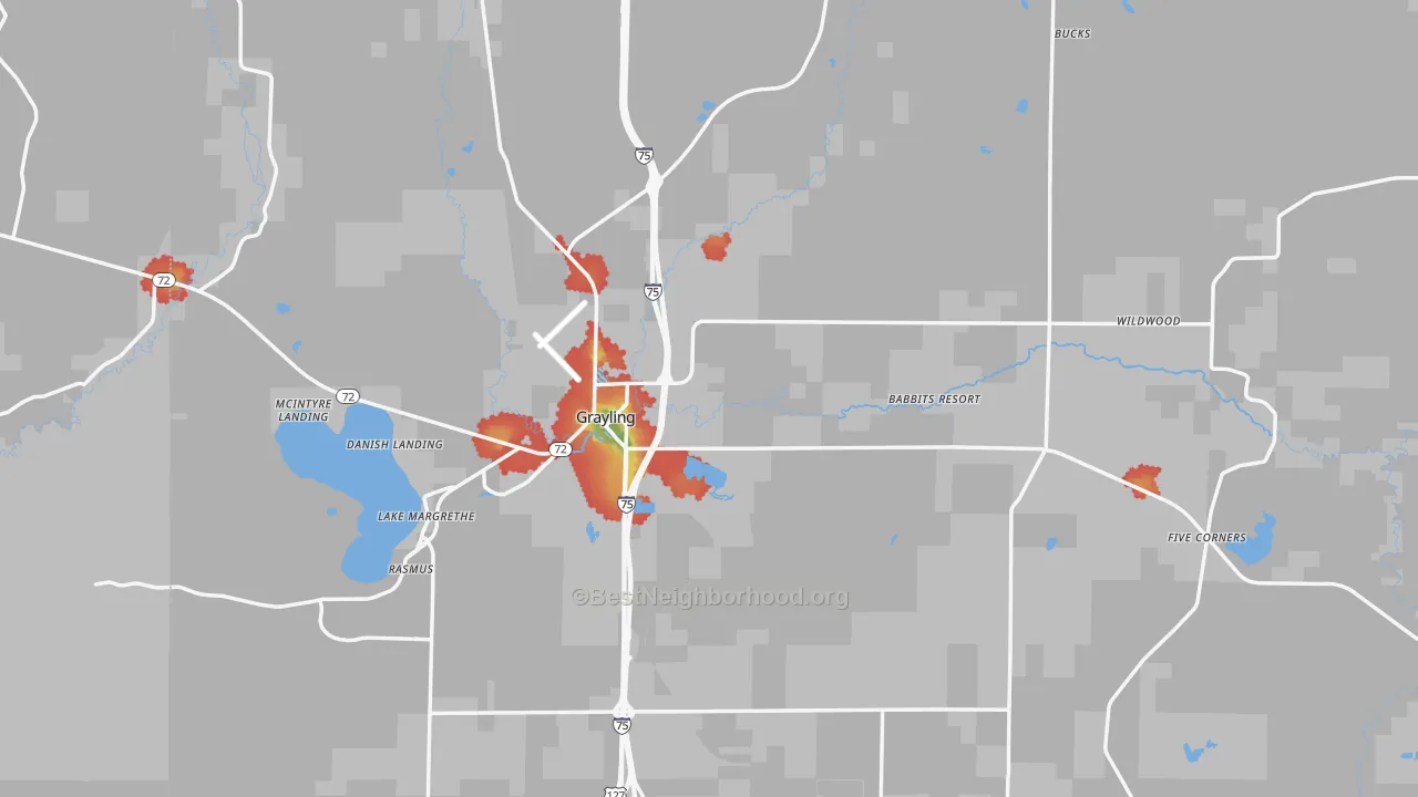 Walk Grade map of Grayling, MI, walkable areas in green and car-dependent areas in red