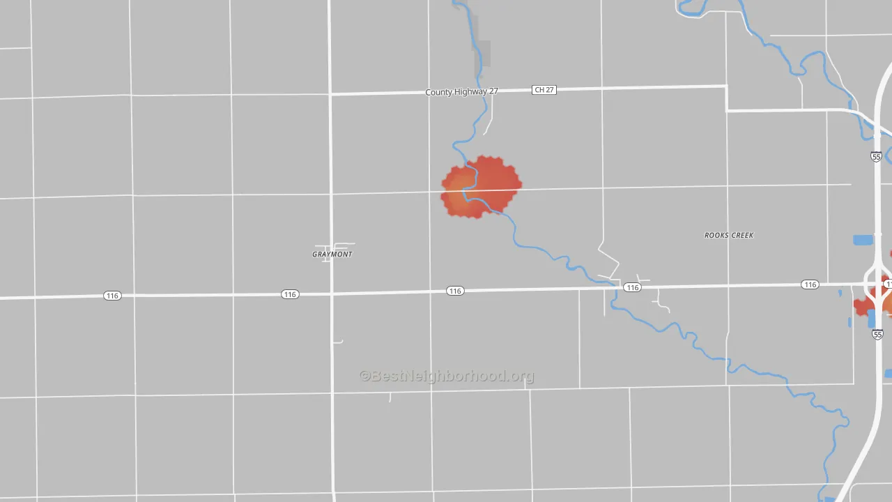 Walk Grade map of Graymont, IL, walkable areas in green and car-dependent areas in red