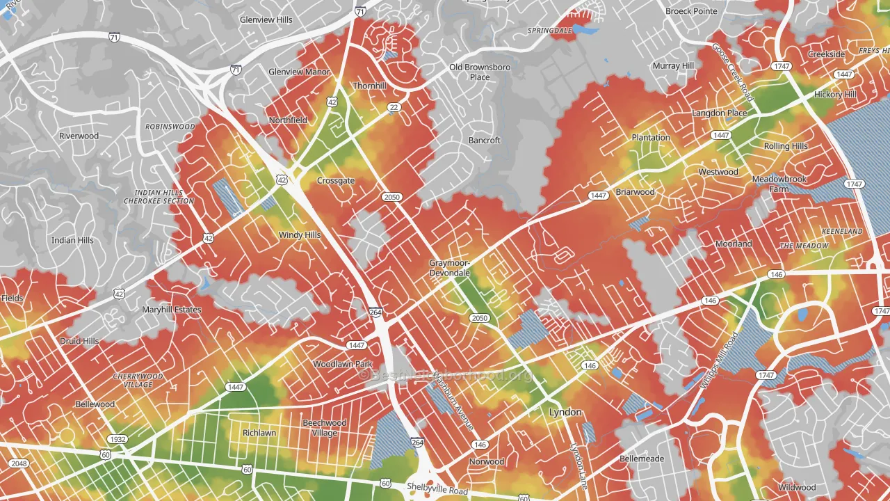 Walk Grade map of Graymoor-Devondale, KY, walkable areas in green and car-dependent areas in red
