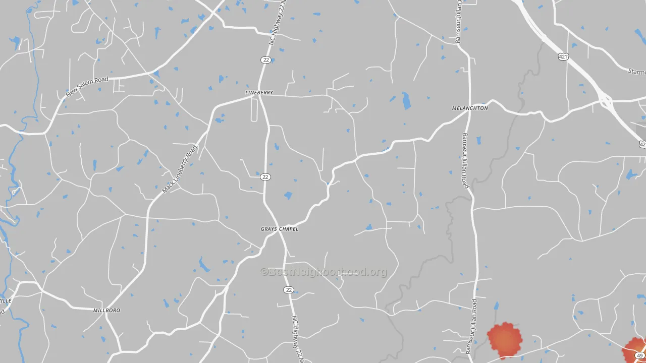Walk Grade map of Grays Chapel, NC, walkable areas in green and car-dependent areas in red