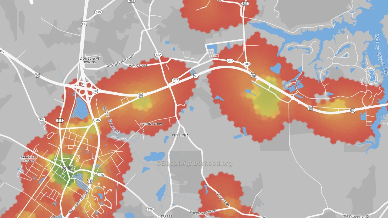 Walk Grade map of Grays Corner, MD, walkable areas in green and car-dependent areas in red