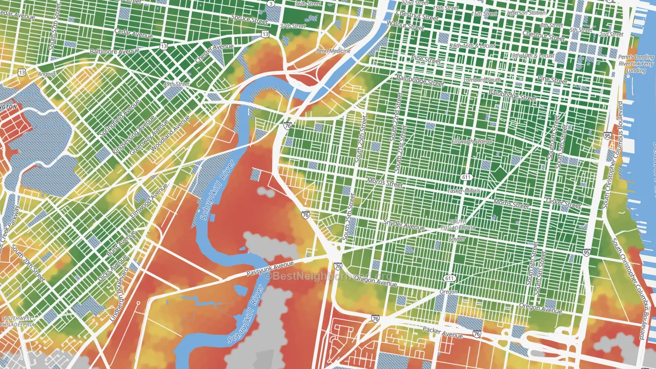 Walk Grade map of Grays Ferry, Philadelphia, PA, walkable areas in green and car-dependent areas in red