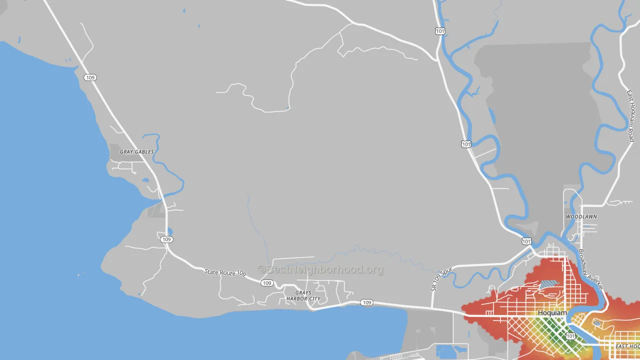 Walk Grade map of Grays Harbor City, WA, walkable areas in green and car-dependent areas in red