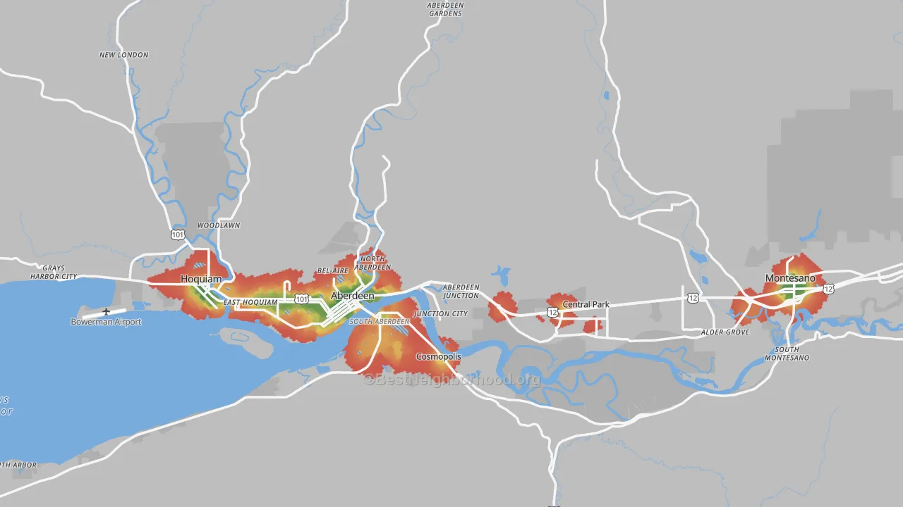Walk Grade map of Grays Harbor County, WA, walkable areas in green and car-dependent areas in red