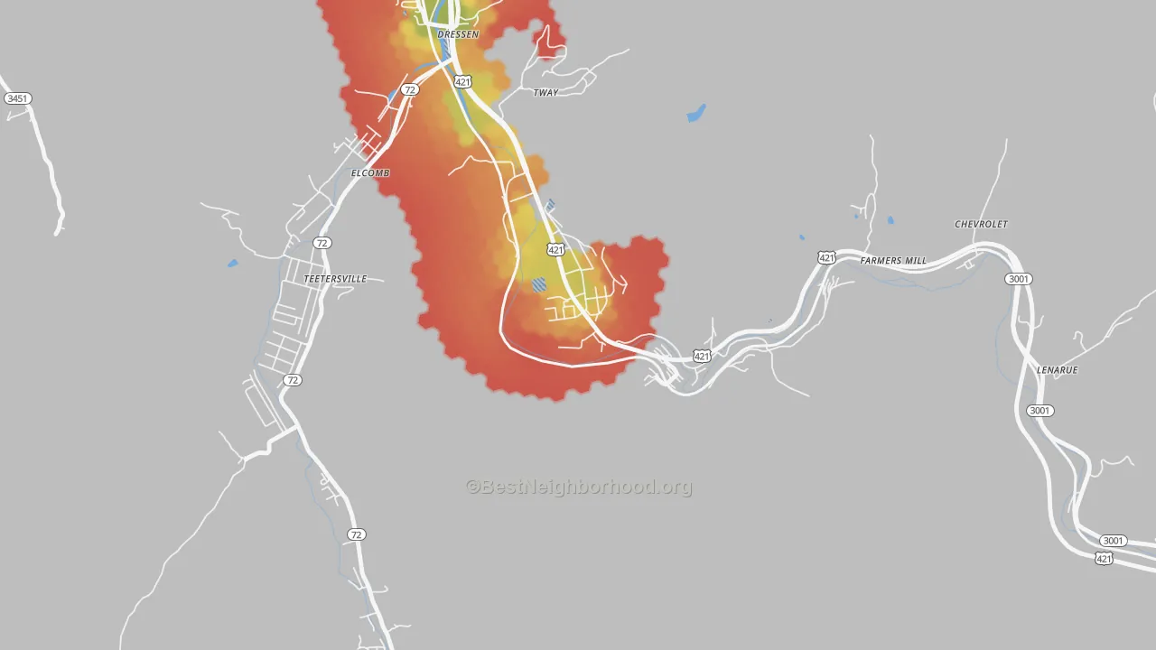 Walk Grade map of Grays Knob, KY, walkable areas in green and car-dependent areas in red