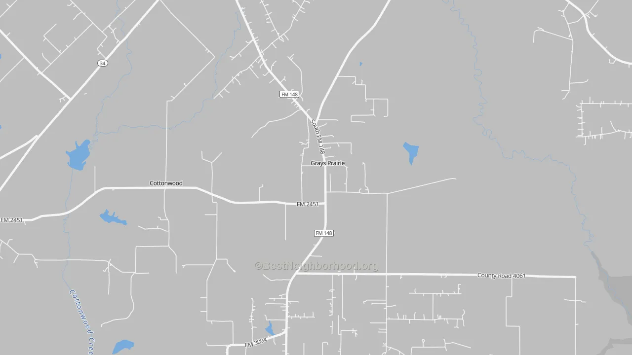 Walk Grade map of Grays Prairie, TX, walkable areas in green and car-dependent areas in red