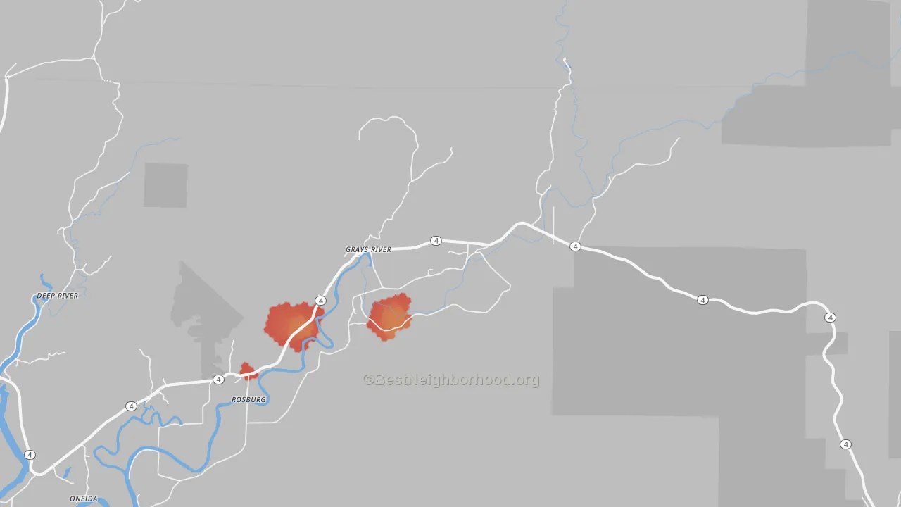 Walk Grade map of Grays River, WA, walkable areas in green and car-dependent areas in red