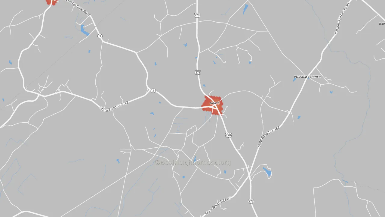 Walk Grade map of Grays, SC, walkable areas in green and car-dependent areas in red