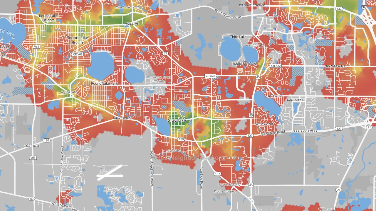 Walk Grade map of Grayslake, IL, walkable areas in green and car-dependent areas in red