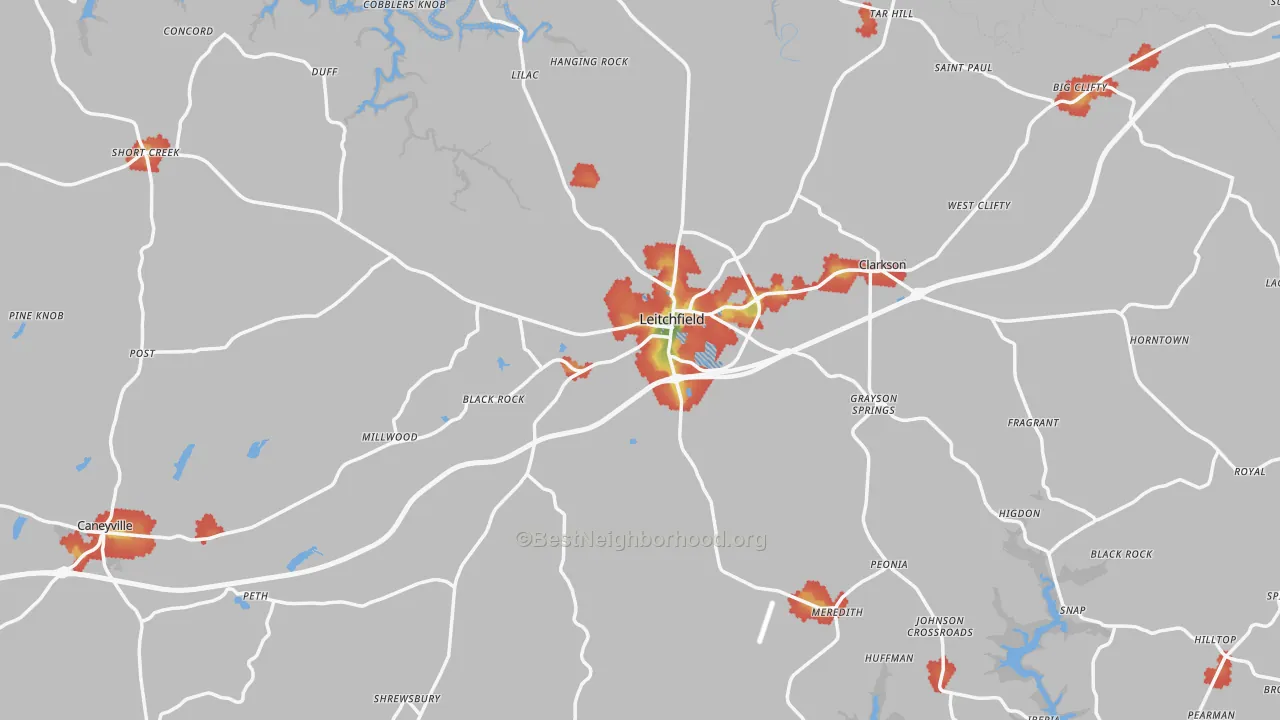 Walk Grade map of Grayson County, KY, walkable areas in green and car-dependent areas in red