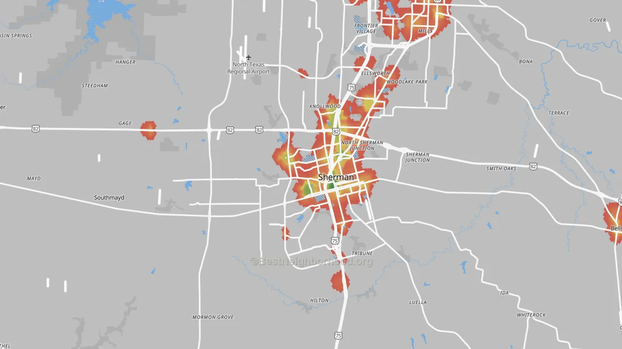 Walk Grade map of Grayson County, TX, walkable areas in green and car-dependent areas in red