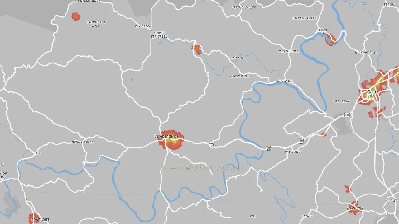 Walk Grade map of Grayson County, VA, walkable areas in green and car-dependent areas in red