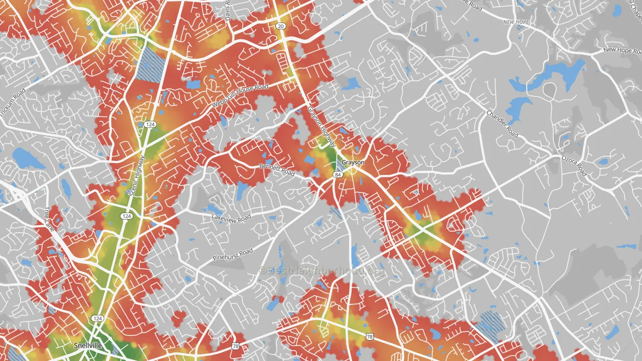 Walk Grade map of Grayson, GA, walkable areas in green and car-dependent areas in red