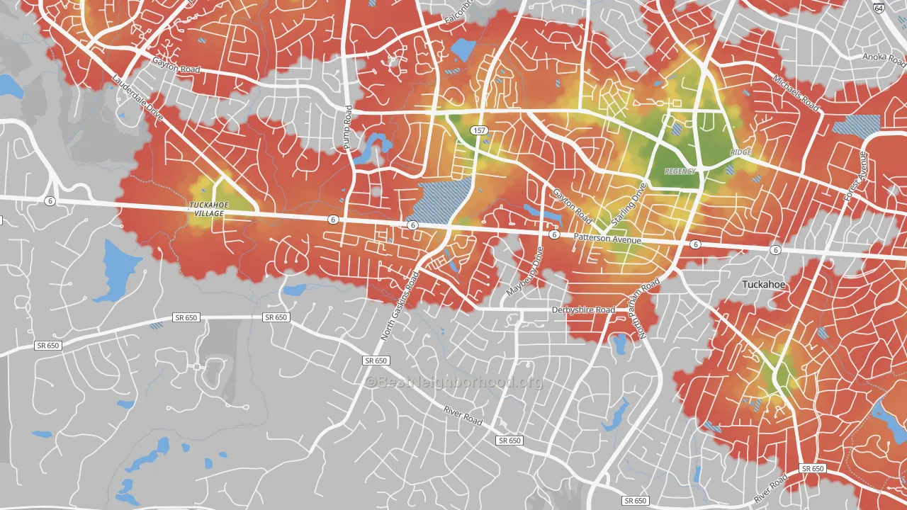 Walk Grade map of Grayson Hill, Tuckahoe, VA, walkable areas in green and car-dependent areas in red