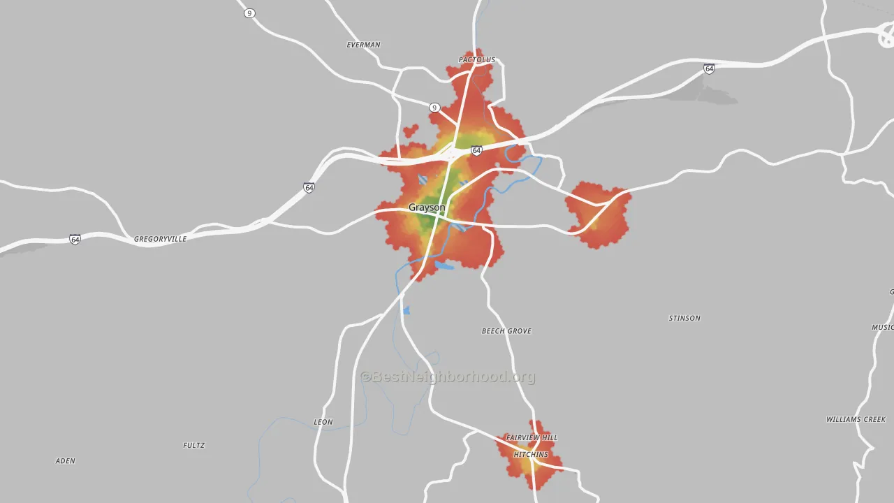 Walk Grade map of Grayson, KY, walkable areas in green and car-dependent areas in red