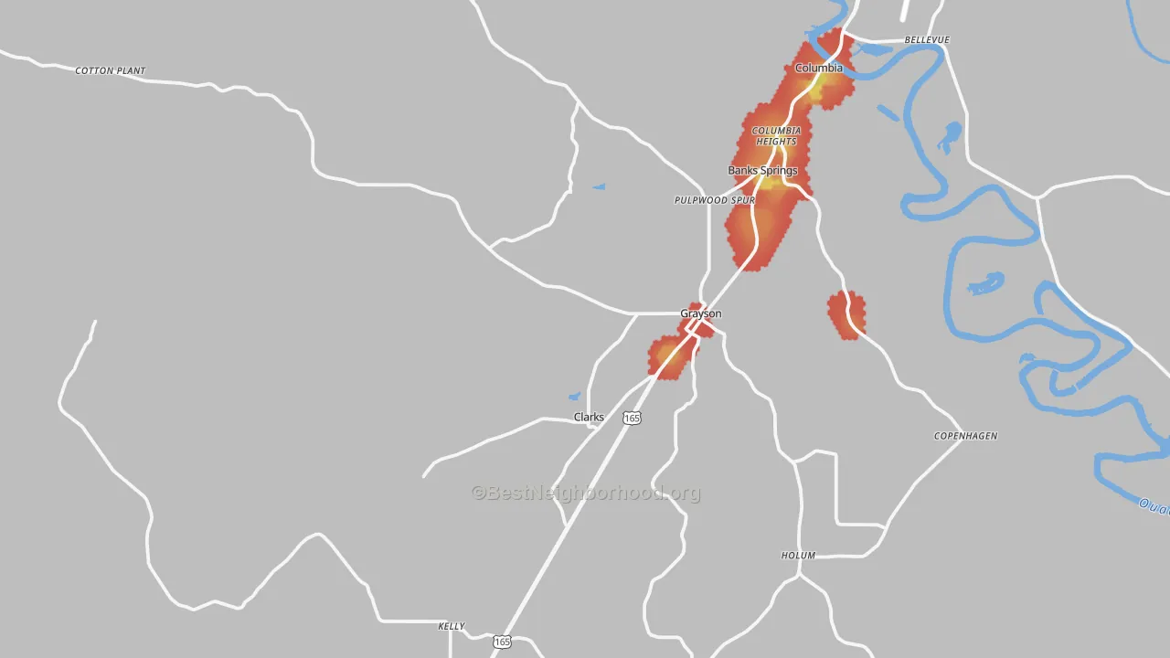 Walk Grade map of Grayson, LA, walkable areas in green and car-dependent areas in red